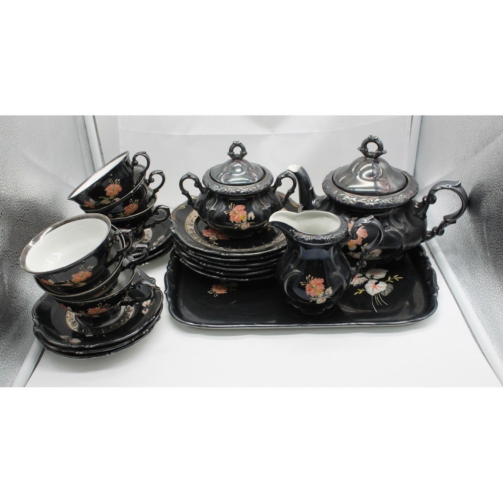 Vtg Elegant Mid-Century Asian Asro Japanese Black Floral Porcelain Tea Set